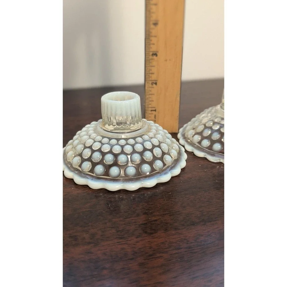 4pc Vintage Fenton Style Hobnail Glass Opalescent White Vases Candle Holders